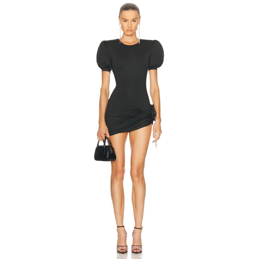 AREA Crystal Crystal Flower Draped Short Sleeve Mini Dress in Black - Picture 1 of 5